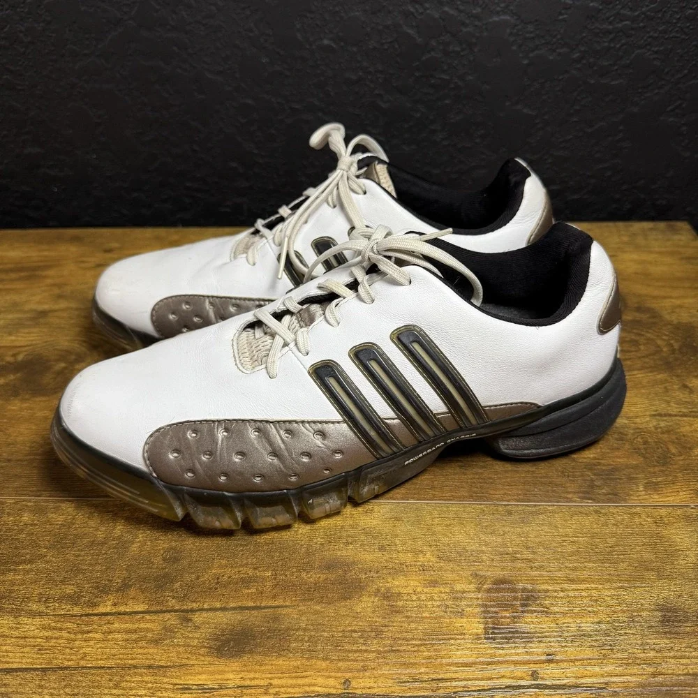 Adidas Powerband Chassis‎ 737853 White Bronze Leather Golf Shoes Mens 9